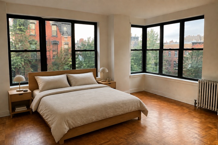 Bedroom layout concept with a king bed and two oak nightstands below the windows